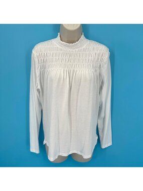 Sundance White Smocked Mock Neck Long Sleeve Top Blouse M
